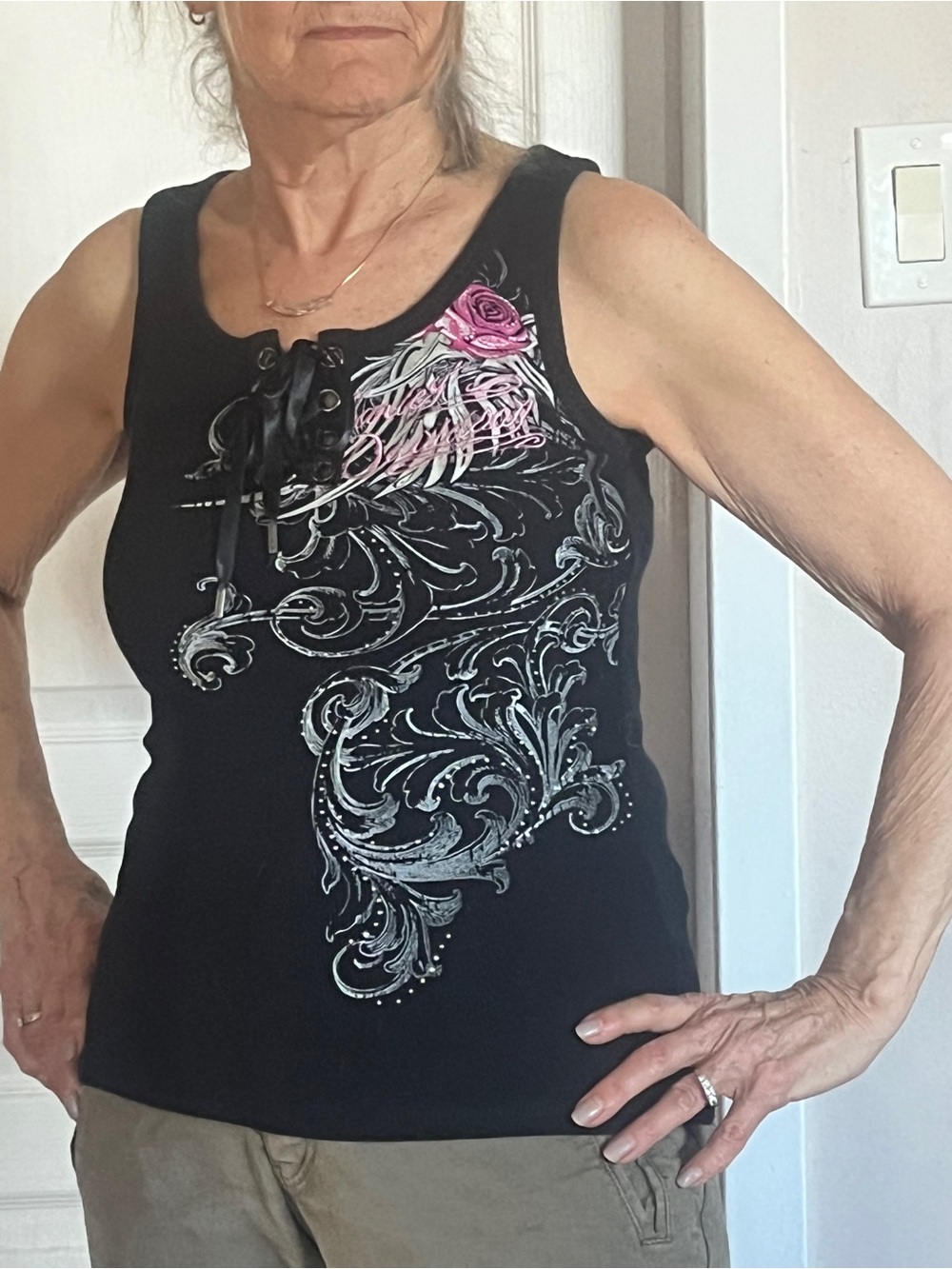 Harley-Davidson Black Tank Top with Pink Rose and Silver Scrolls
